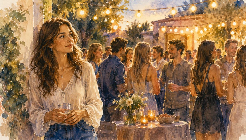 Thoughtful young woman stands slightly apart from a lively social gathering, reflecting quietly while observing others, and contemplating belonging.