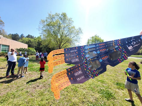 Three images of the East Regional Library Solar Eclipse Viewing Party. Including a photo of eclipse glasses.
