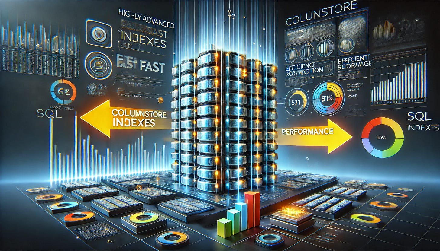 A highly advanced, visually captivating wide blog header image illustrating the SQL concept of 'Columnstore Indexes' in a modern, tech-focused environment. The image features a large data table where rows and columns are distinctly displayed, with a focus on the column-by-column storage method. Bright, dynamic arrows and icons highlight efficient, fast data retrieval paths for selected columns, showcasing the performance boost. Additional elements like data compression icons, compact storage blocks, and vibrant analytics charts underscore efficiency and analytical capabilities. The design is clean, sophisticated, and appealing to data professionals, with a polished, high-tech look.