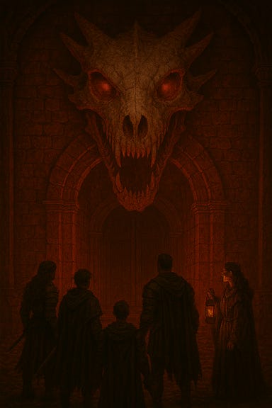 Create a safe, atmospheric fantasy image of a large ancient dragon skull mounted above a doorway in a grand hall. The skull is weathered with cracks, age, dust, and faint moss. Its empty eye sockets glow softly with dreamlike light. A surreal red glow illuminates the bone and the surrounding stone archway. Beneath the skull, the adventuring party stands in silhouette, gazing up at it. The hall around them is vast and gothic, with tall pillars and drifting dust, but no gore or violence—only eerie, dreamlike atmosphere.