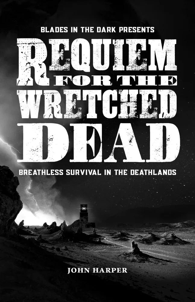 The cover for "Requiem for the Wretched Dead: Breathless Survival in the Deathlands" depicting a scene in the deathlands on the Shattered Isles. An electroplasmic lightning storm rages across a desolate landscape of rocks and ash, silhouetting a strange tower in the distance, glowing with arcane energies.