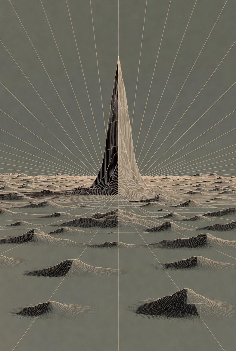 A stylized technical illustration of a landscape with central peak symbolizing necessitarianism, surrounded by hills representing contingent frameworks. A stylized technical illustration of a landscape with central peak symbolizing necessitarianism, surrounded by hills representing contingent frameworks.