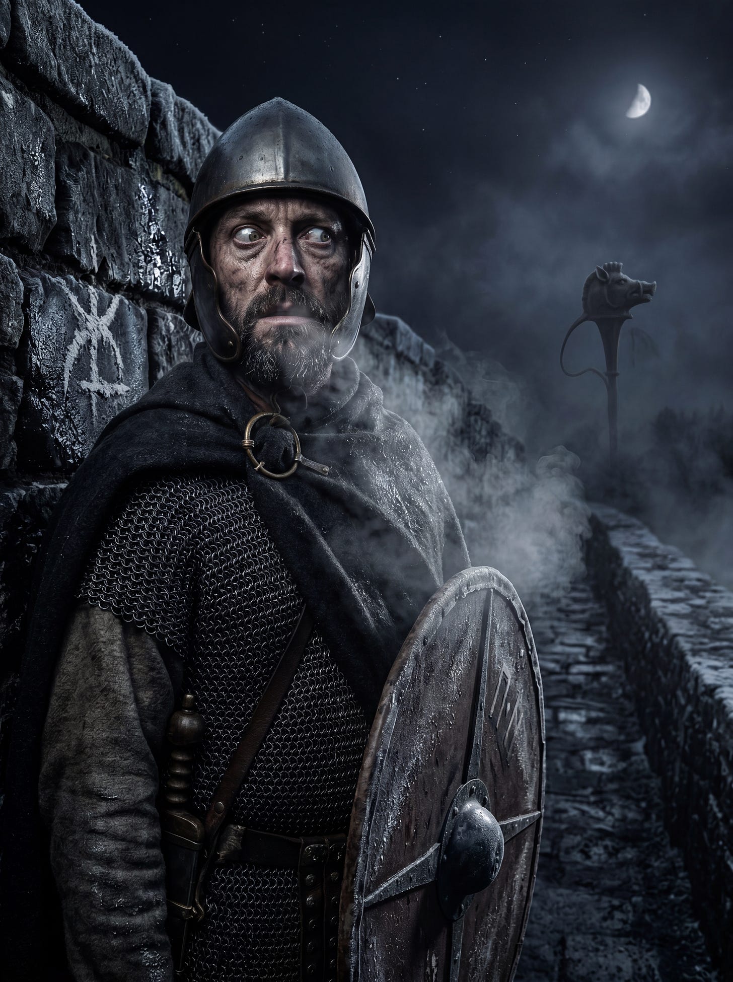 A gritty, cinematic digital illustration of a Roman auxiliary sentry on the dark, misty ramparts of Hadrian's Wall at night, holding a shield and spear while looking unsettled, with a towering bronze carnyx war horn visible in the distant background under a crescent moon.