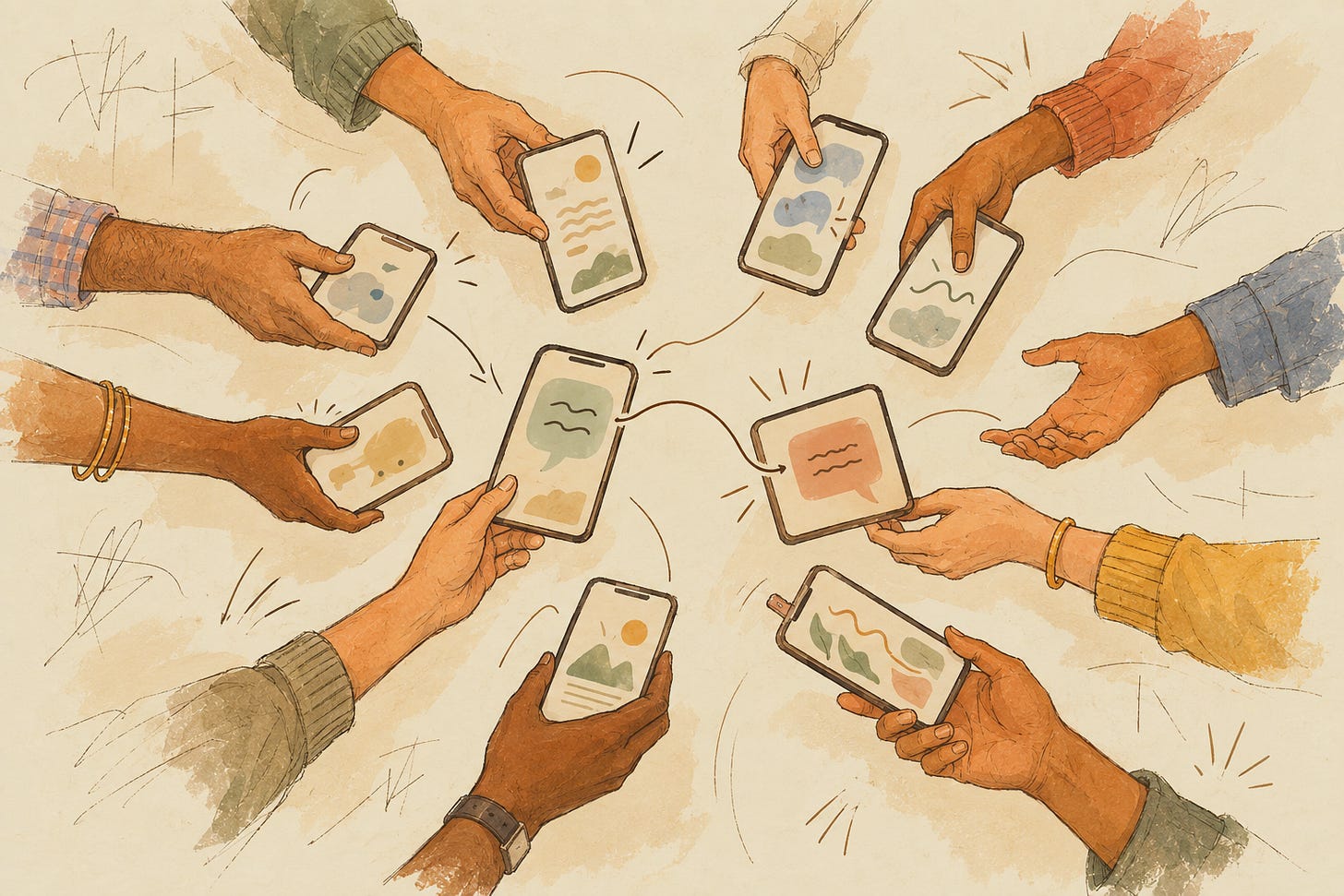 A ring of hands holding phones, one chat bubble passing from one phone to another. A ring of hands holding phones, one chat bubble passing from one phone to another.