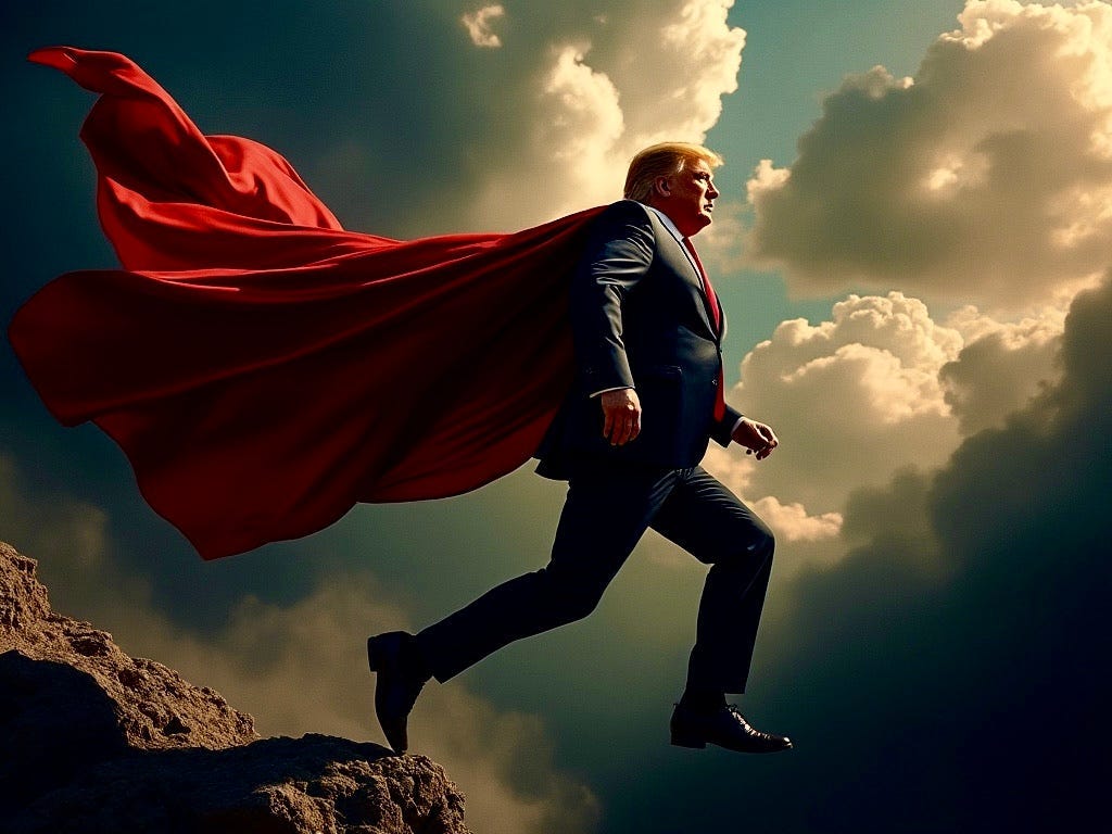 Image of Donald Trump with a cape created by author in Dream app Image of Donald Trump with a cape created by author in Dream app