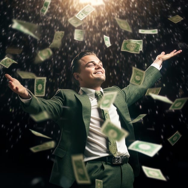 Money Reigns Leonardo DiCaprio Embracing the Wolf of Wall Street Spirit  Amidst a Shower of Dollar B | Premium AI-generated image