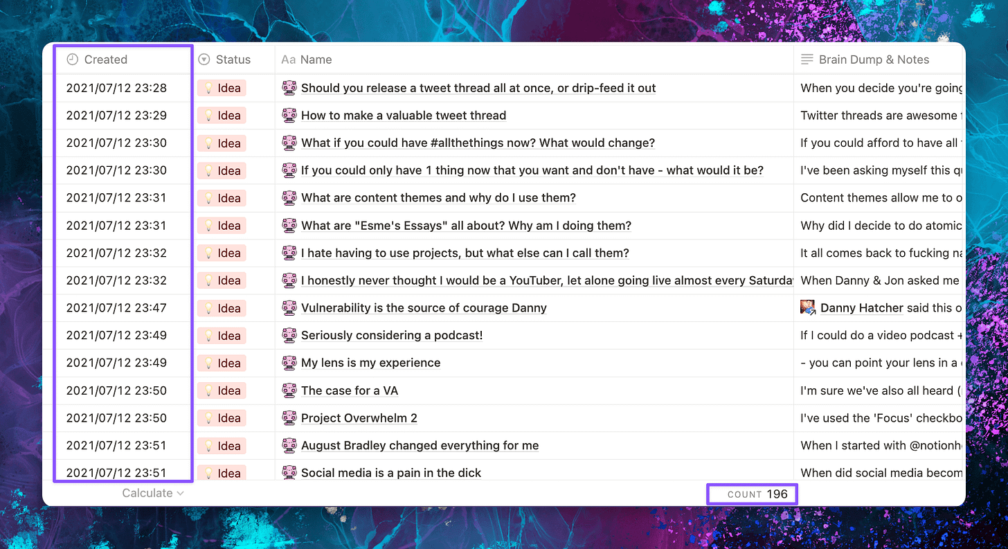 Notion screenshot, showing 196 unused ideas