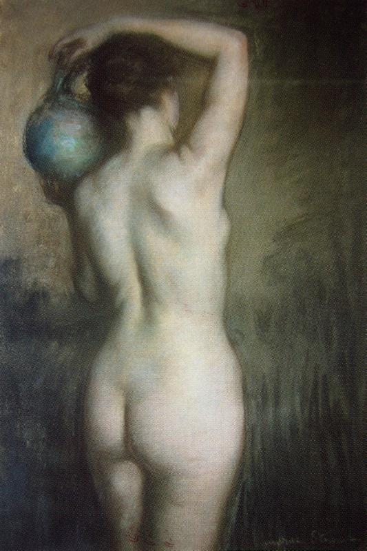 nude woman standing painted from behind; holding urn on her shoulder nude woman standing painted from behind; holding urn on her shoulder