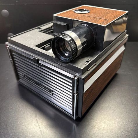 Three photos showing a vintage Bell-Howell top loader slide projector and two photos with young family memories.