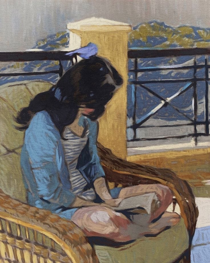 This may contain: a painting of a woman sitting on a chair reading a book while looking at her cell phone