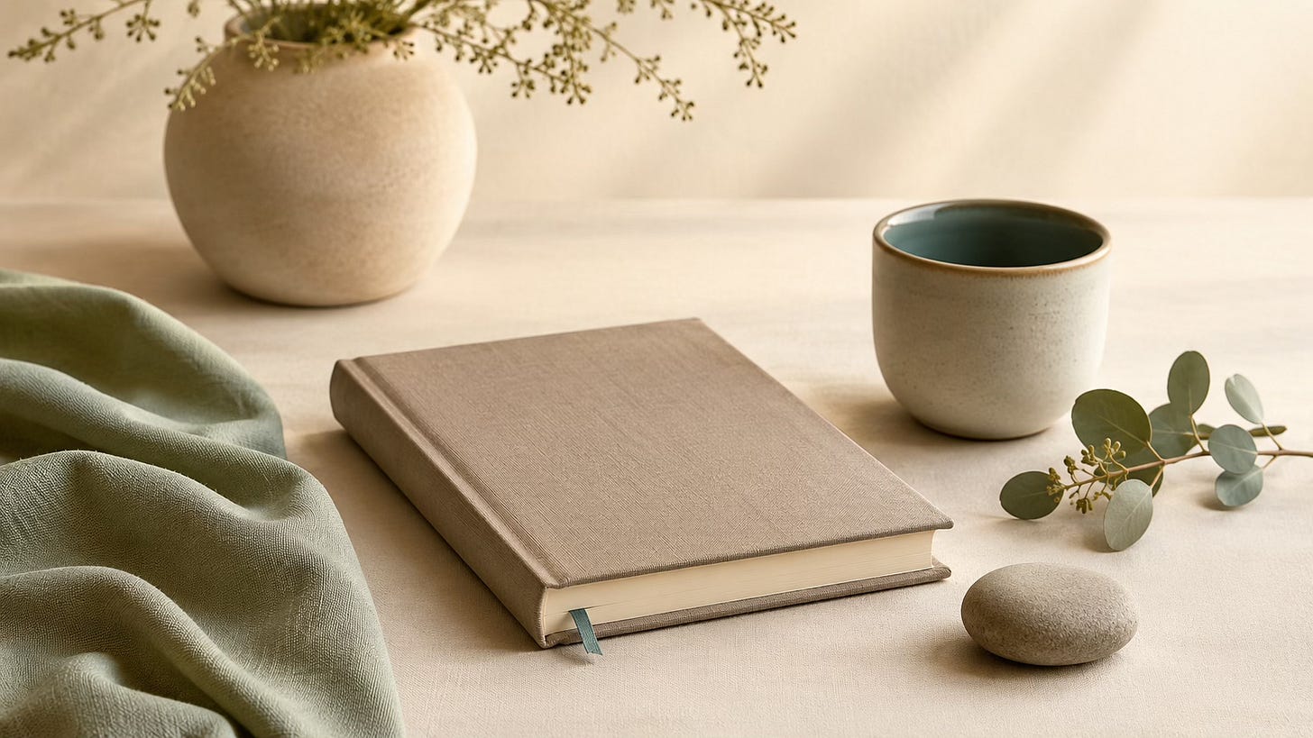 Closed journal on a calm table, representing that emotional work does not require opening the whole story at once.