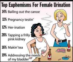 [Image shows a humorous poll titled "Top Euphemisms For Female Urination" with percentages and cartoon illustrations of two women] 14% Bailing out the canoe; 11% Pregnancy testin'; 12% Her-ination; 28% Tapping a frilly pink kidney; 16% Makin' tea; 19% Addressing the needs of my bladder.