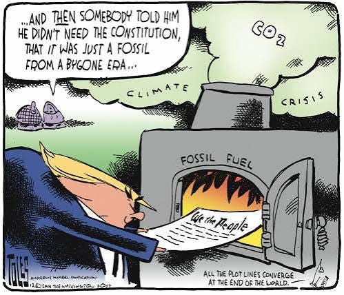 Political Cartoon U.S. Trump Burning Constitution Fossil Fuels | The Week