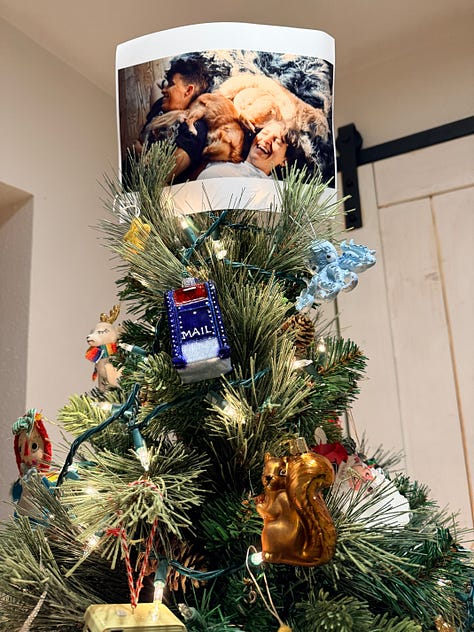 A photo of Meg's Christmas tree, featuring a mailbox ornament, an octopoidal ornament, and a photo of Andrea & Meg at the top.