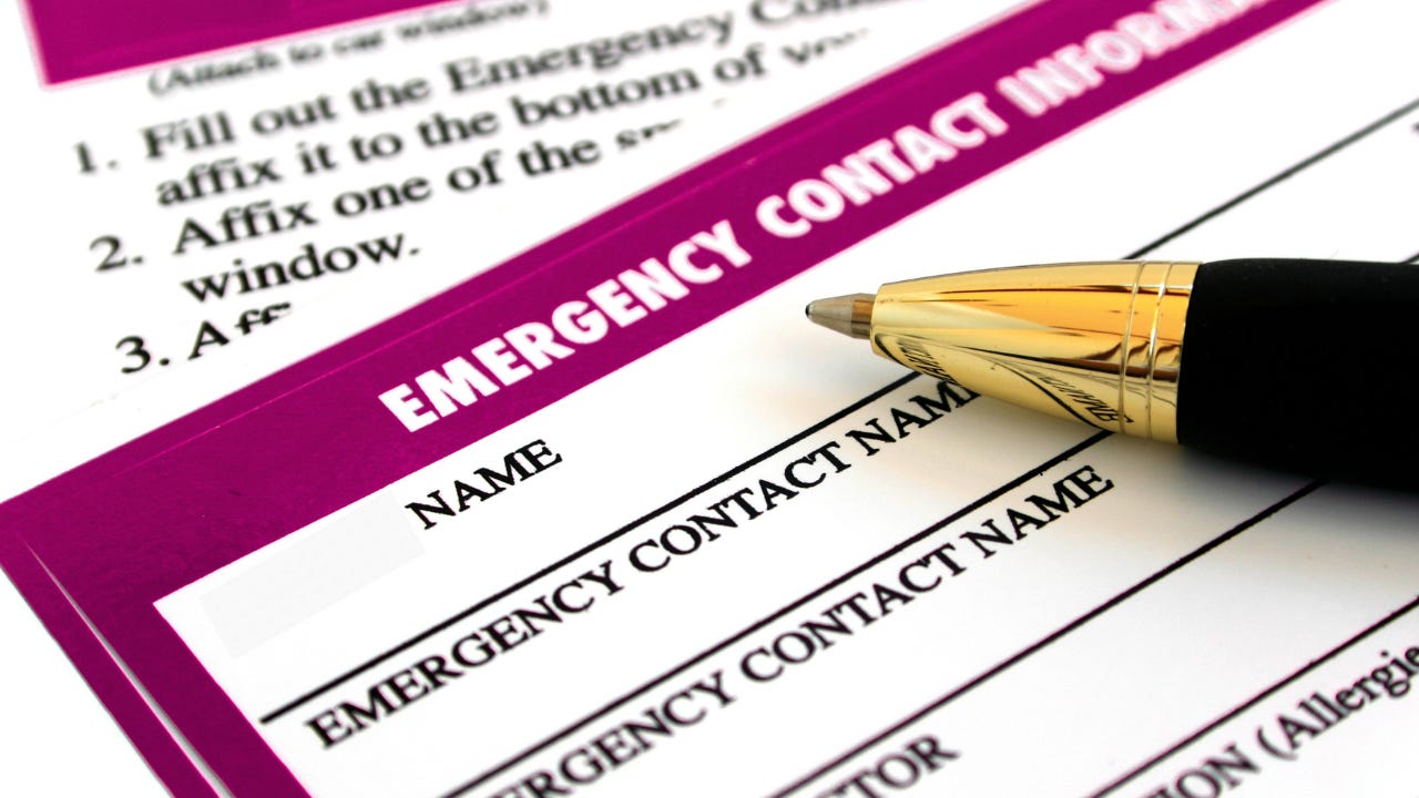 A close-up of a paper emergency contact form with a pen resting on it. Under a heading that reads "Emergency Contact Information," repeated lines labeled "Name" and "Emergency contact name" are all blank. A close-up of a paper emergency contact form with a pen resting on it. Under a heading that reads "Emergency Contact Information," repeated lines labeled "Name" and "Emergency contact name" are all blank.