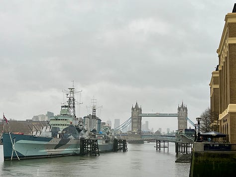 first photo the London Eye and Big Ben through a shaft of sunlight. second photo boxes of heirloom tomatoes from Borough Market. third photo of HMS Belfast with Tower Bridge in the background