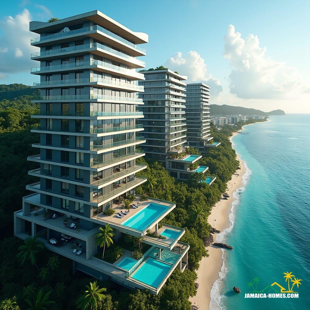Modern development schemes in Jamaica near the coast and beaches feature sleek glass architecture, incorporating unique swimming pools both at ground level and on rooftops. These designs not only offer stunning views of the Caribbean Sea but also blend contemporary style with the tropical landscape, creating luxurious spaces that feel open and light.