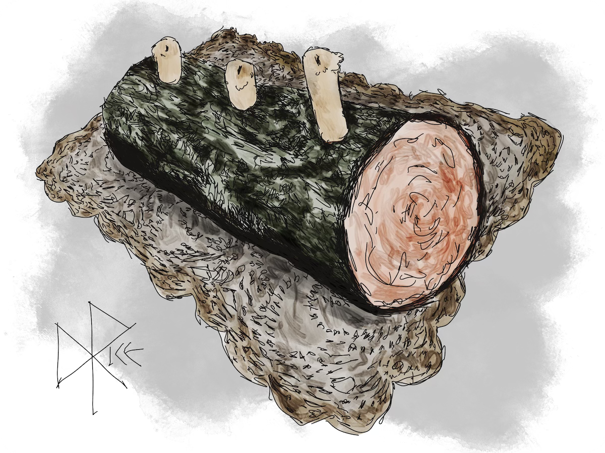 A chunk of sawn tree trunk, lovingly set upon a hand-knit mat, topped with three candles. Sketch art by Don Rice.