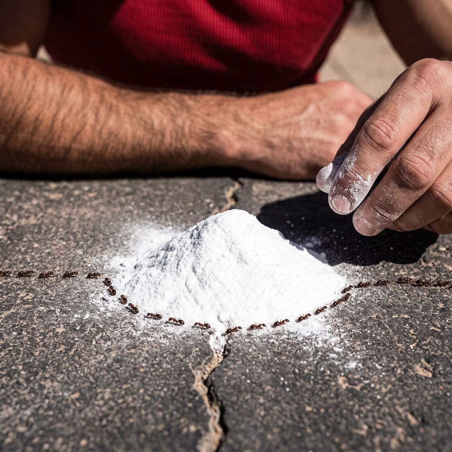 A close-up of a man's hands dumping an ineffective, large pile of baking soda and regular sugar onto a concrete crack to stop ants. A close-up of a man's hands dumping an ineffective, large pile of baking soda and regular sugar onto a concrete crack to stop ants.