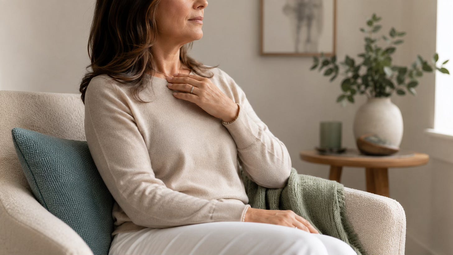 Woman gently tapping near the collarbone in a calm room during a reflective Clinical EFT moment.