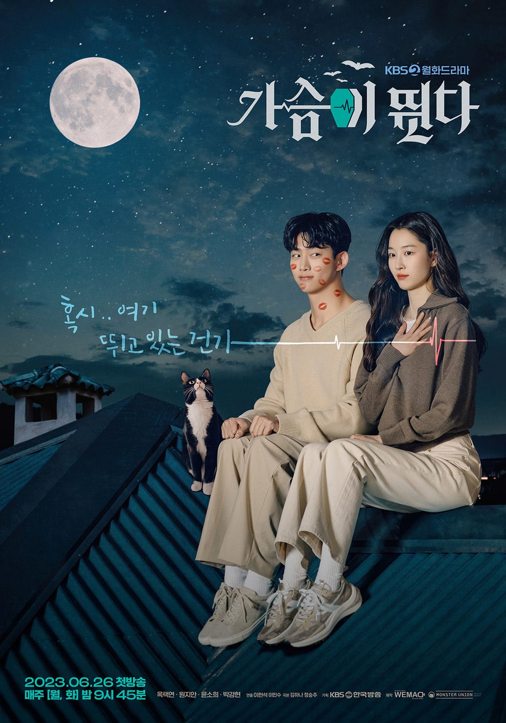 Woo-Hyeol and In-Hae sit on the roof under a full moon. In-Hae hold her chest as if her heart is fluttering. Woo-Hyeol is COVERED in red kiss marks. A black and white cat sits next to them.