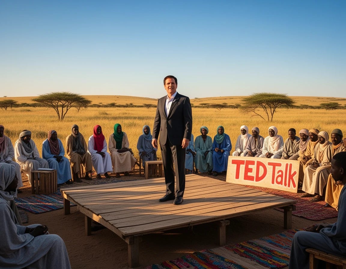 Mark Cuban giving a TED talk in the countryside of Somalia to shepherds and farmers Mark Cuban giving a TED talk in the countryside of Somalia to shepherds and farmers