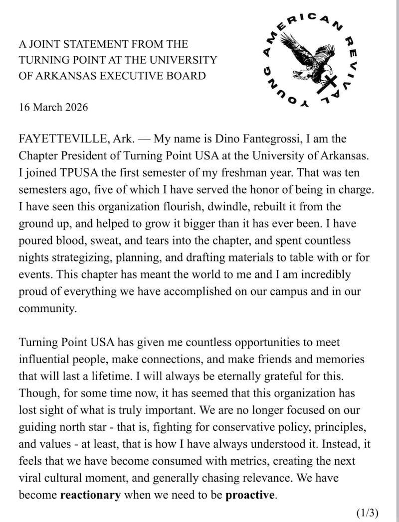 This first page establishes that the Arkansas revolt was not driven by outside critics. It came from longtime insiders who said TPUSA had drifted away from principle and turned into a machine focused on optics, virality, and reactive cultural performance.