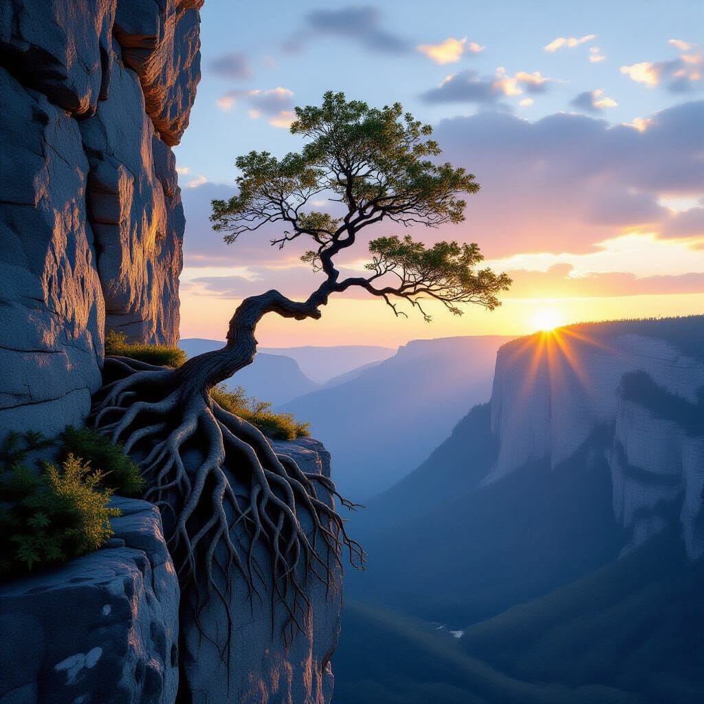 A single, resilient tree growing on a sheer cliffside, its intricate roots visible. The first light of dawn catches the … A single, resilient tree growing on a sheer cliffside, its intricate roots visible. The first light of dawn catches the …