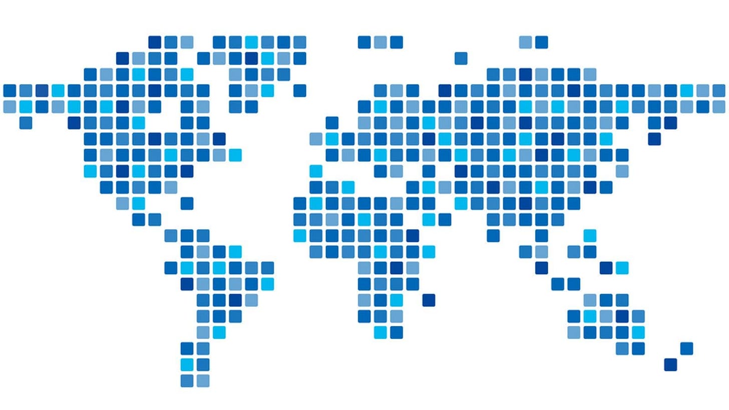 Blue pixel world map illustrating app store localization and country-specific app pricing across global markets.