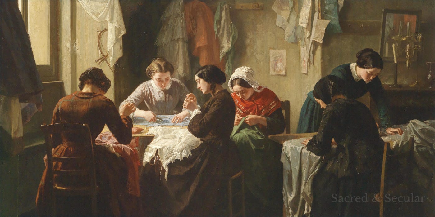Five women working together sewing and making clothing in a nineteenth-century workshop, painted by Jean-Baptiste Jules Trayer in 1854. Five women working together sewing and making clothing in a nineteenth-century workshop, painted by Jean-Baptiste Jules Trayer in 1854.