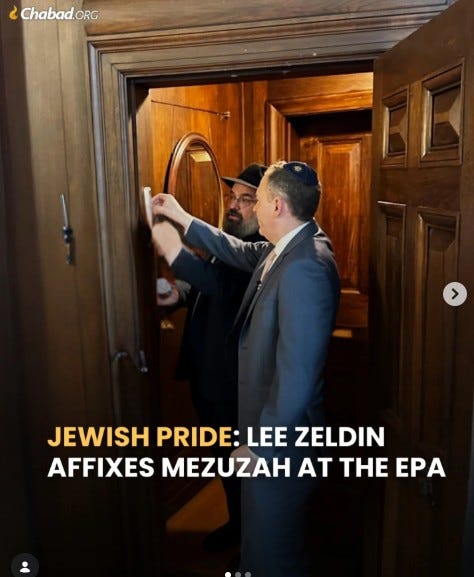 May be an image of ‎the Western Wall and ‎text that says '‎ب ¿Chabad.oRG 97 > JEWISH PRIDE: LEE ZELDIN AFFIXES MEZUZAH AT THE EPA‎'‎‎