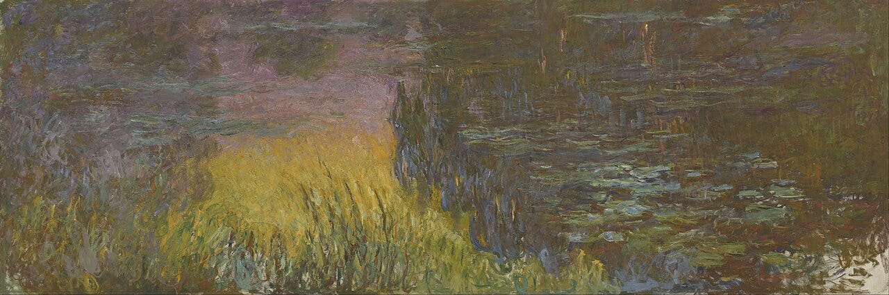 Monet's Water Lilies: Setting Sun: a wide panel of a pond with yellow reeds at the left, mauve reflections above them and lily pads on dark water at the right Monet's Water Lilies: Setting Sun: a wide panel of a pond with yellow reeds at the left, mauve reflections above them and lily pads on dark water at the right