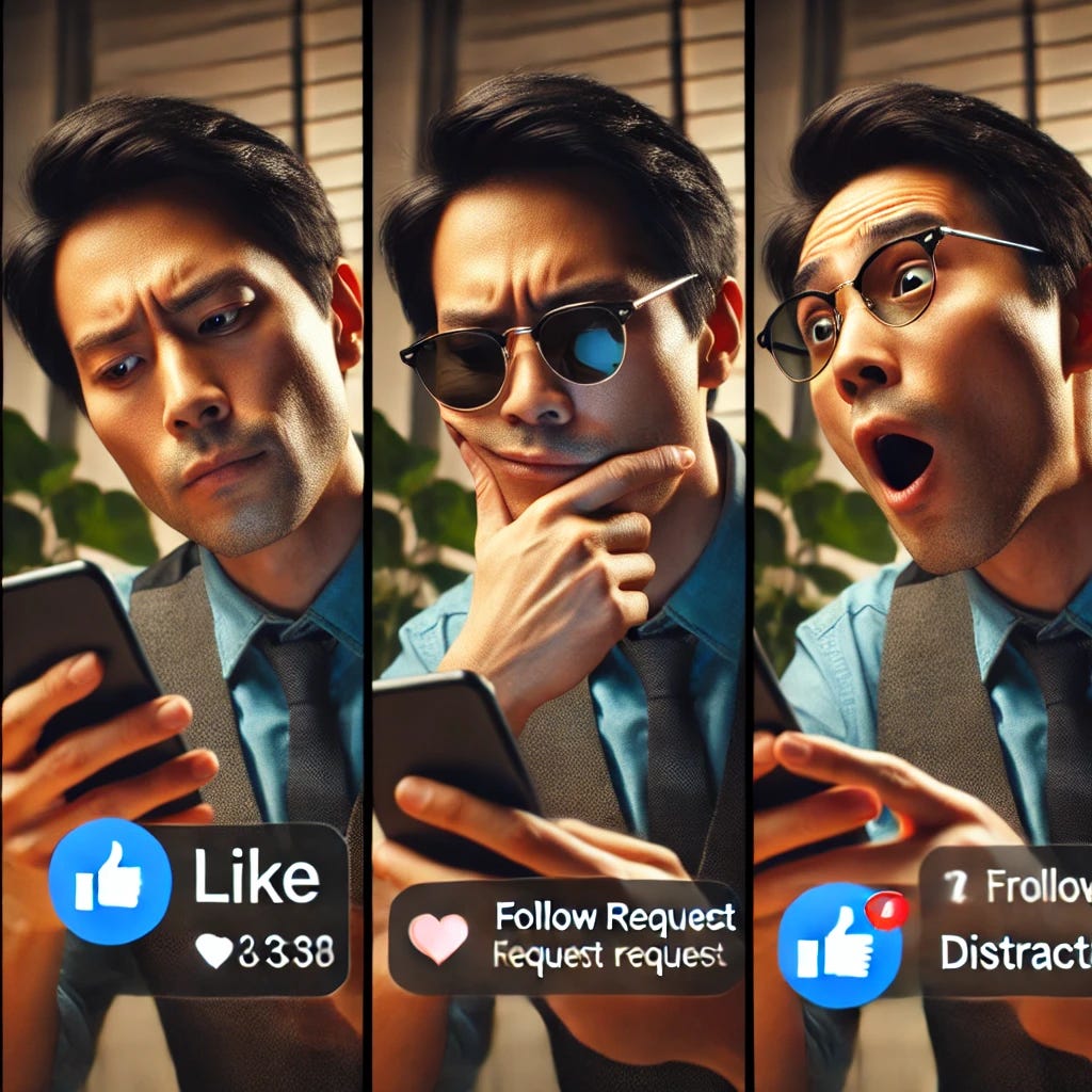 A high-definition photo of an Asian man looking at his phone with mixed expressions. In the first part, he looks at his phone with excitement from seeing a like on his post. In the second part, he feels cool and validated by a follow request notification. In the third part, he is intrigued and distracted by a notification about an intriguing offer. The scene should show the man in an office setting, reflecting his shifting emotions and distractions caused by the notifications, without any words or text on the image.