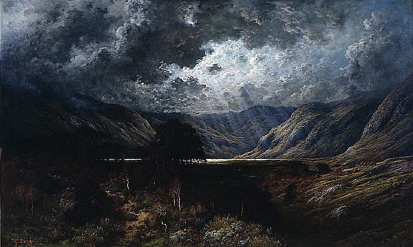 Painting of a Scottish loch with moody clouds at dusk.