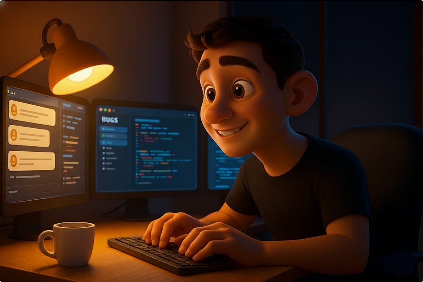 Solopreneur working at desk with code and user messages, guest post on Build to Launch by Jenny Ouyang - AI can't replace showing up for your business