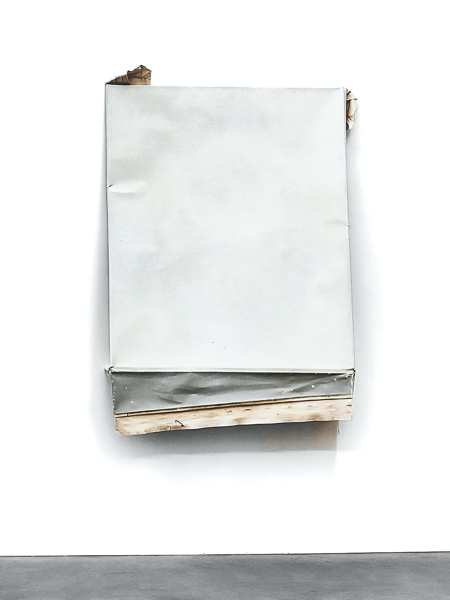 Contemporary painting by Franziska Reinbothe showing a deformed white canvas where the surface collapses and folds, exposing the wooden support and destabilizing the frame structure. Curatorial analysis by Roberta Bertozzi, art critic and curator investigating painting beyond the surface.