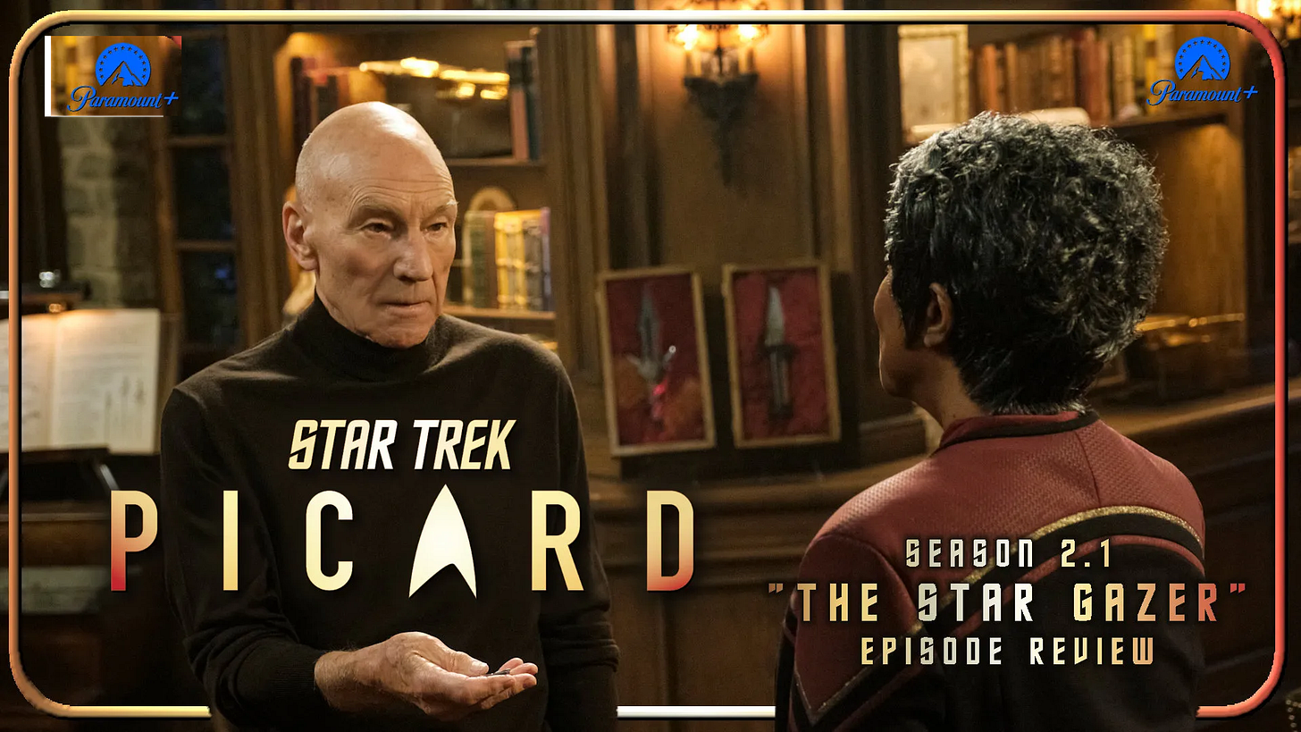 This image shows a scene from _Star Trek: Picard's_ Season 2 premiere episode ("The Star Gazer"). Admiral Jean-Luc Picard (played by Sir Patrick Stewart) holds a device in his right palm given to him by Admiral Sally Whitley (played by April Grace). They stand in the well-appointed drawing room of Château Picard.
