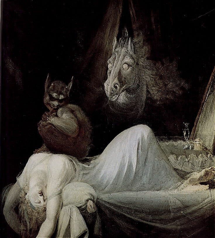 This may contain: a painting of a woman laying on a bed next to a horse and other animals