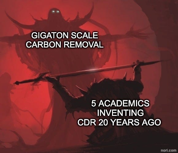 Dark red illustration of a small warrior with a spear facing a huge shadowy figure. The giant is labelled "Gigatonne scale carbon removal", the warrior "5 academics inventing CDR 20 years ago".