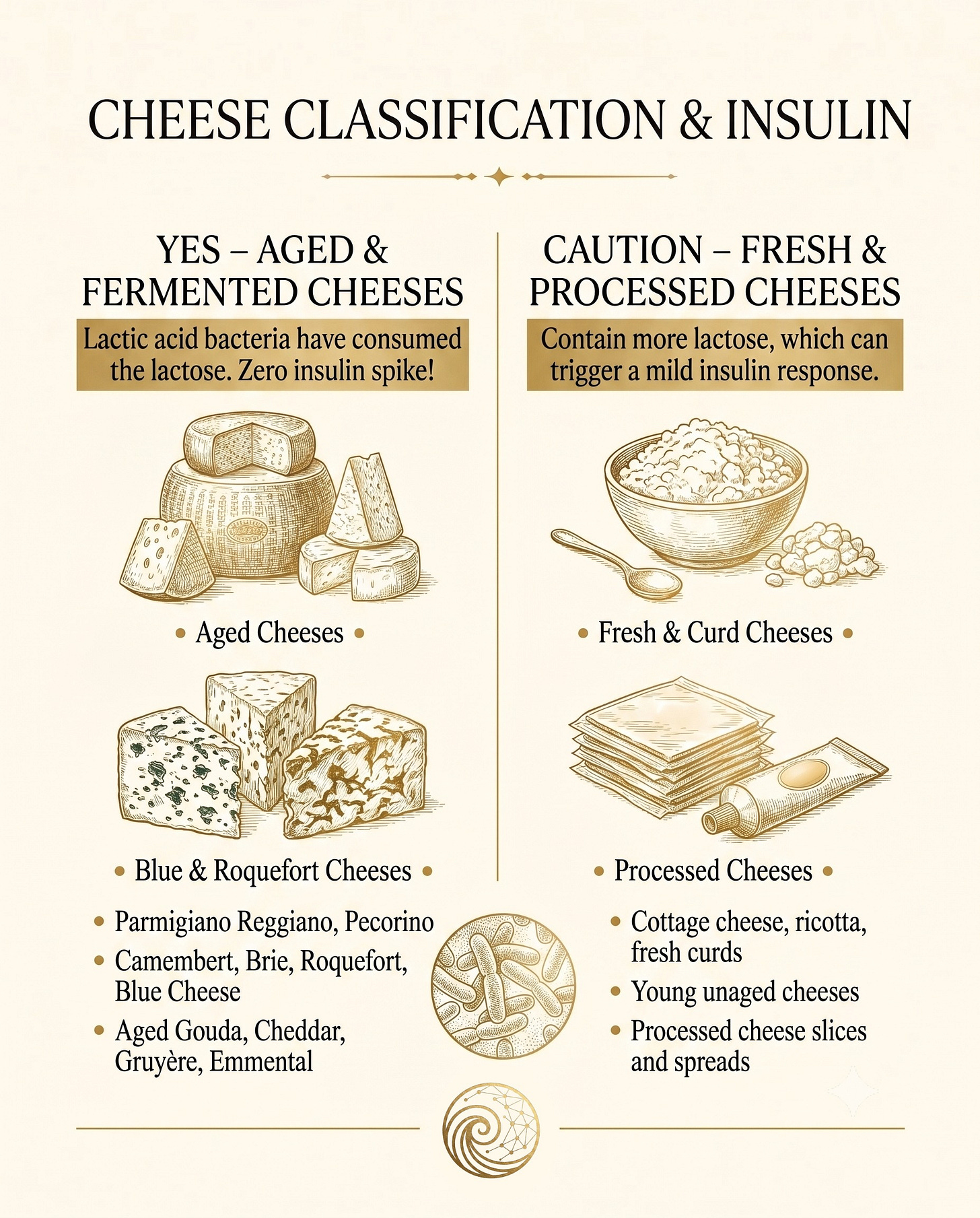 Illustration classifying aged cheeses like Parmigiano and Roquefort versus fresh curds and processed cheese slices. Illustration classifying aged cheeses like Parmigiano and Roquefort versus fresh curds and processed cheese slices.