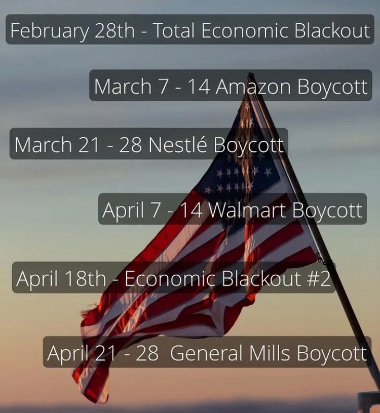 Photo by DemocraScene on February 20, 2025. May be an image of poster and text that says 'February 28th Total Economic Blackout March 7 7-14 14 Amazon Boycott March 21- 21-28 28 Nestlé Boycott April 7-14 April7-14WalmartBoycott 7- 14 Walmart Boycott April 18th -Economic Blackout nomicBlackout#2 #2 April 21-28 21 28 General Mills Boycott'.