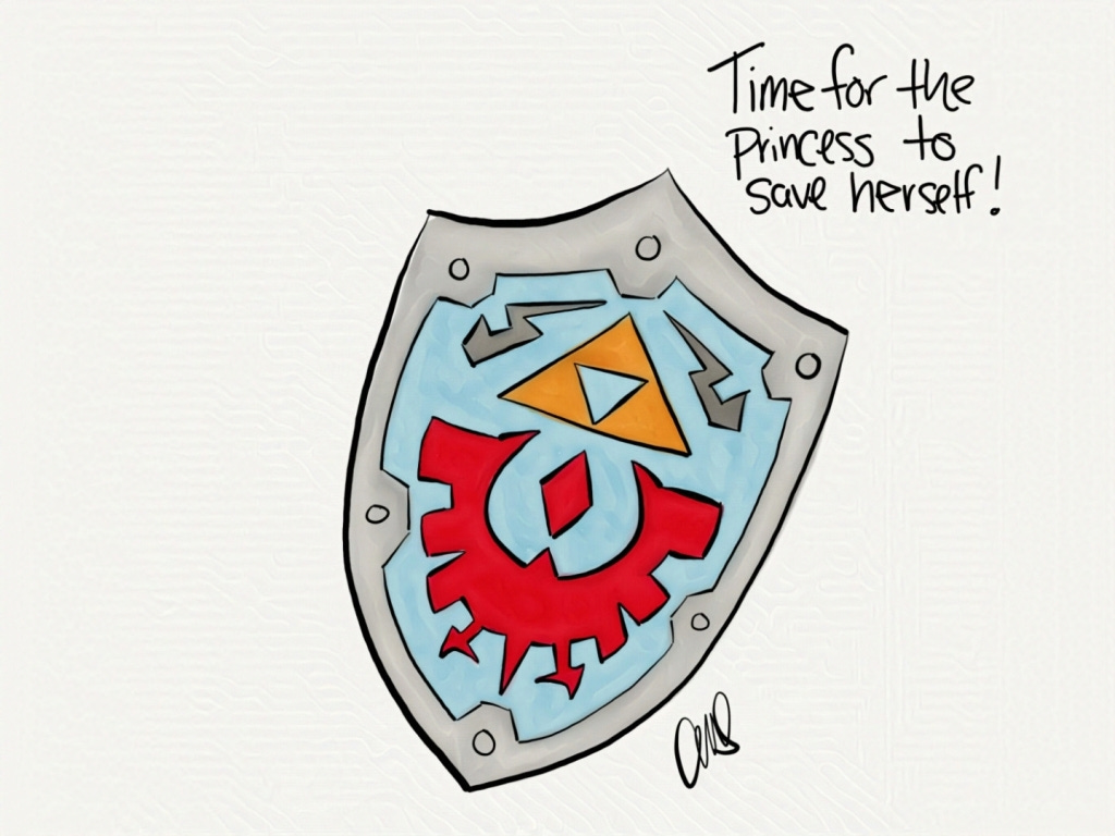 Link's shield from Legend of Zelda Ocarina of Time. Note in upper corner “Time for the princess to save herself!"