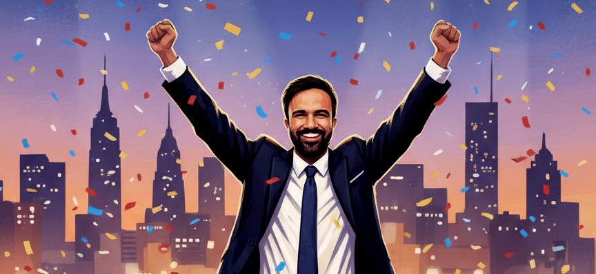 Artistic illustration of Zohran Mamdani with accurate facial features based on reference