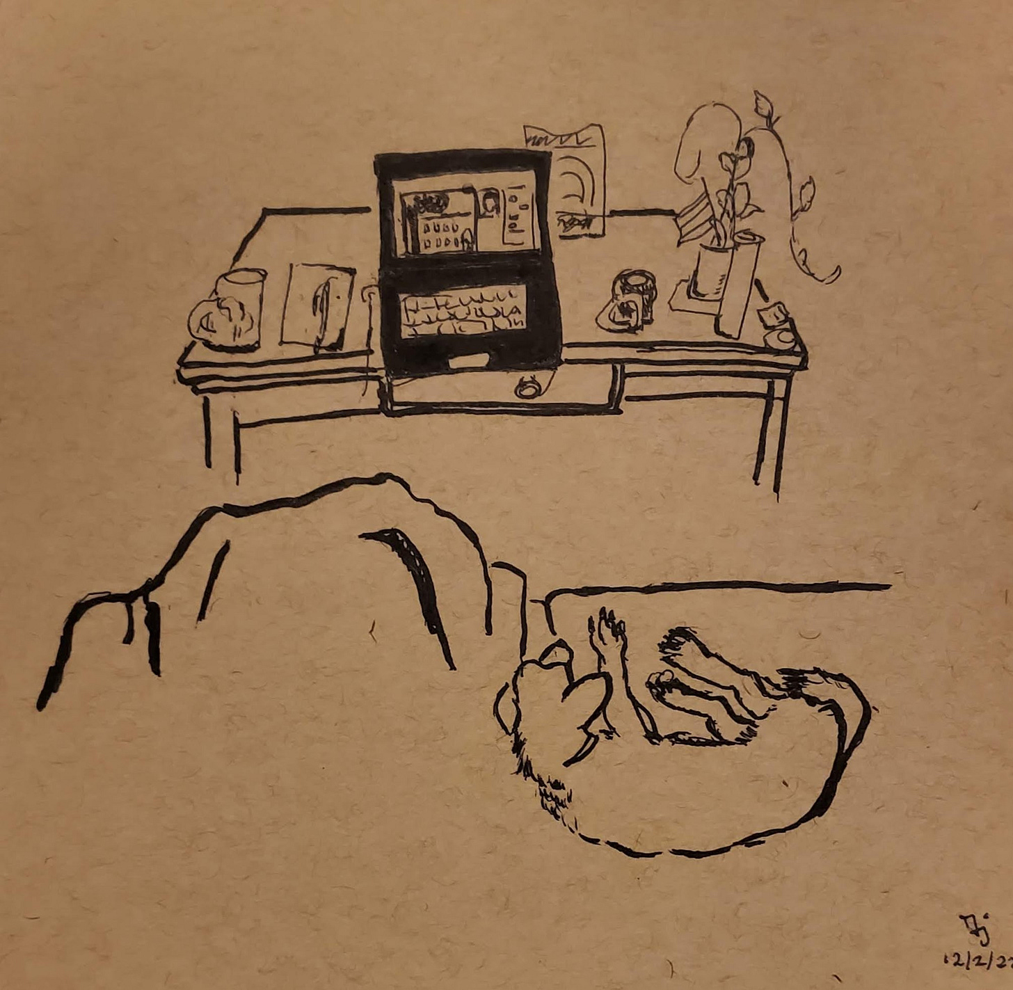 Sketch in black ink of a laptop displaying a small building. The laptop is on a coffee table in front of a figure and a dog on a couch. Sketch in black ink of a laptop displaying a small building. The laptop is on a coffee table in front of a figure and a dog on a couch.