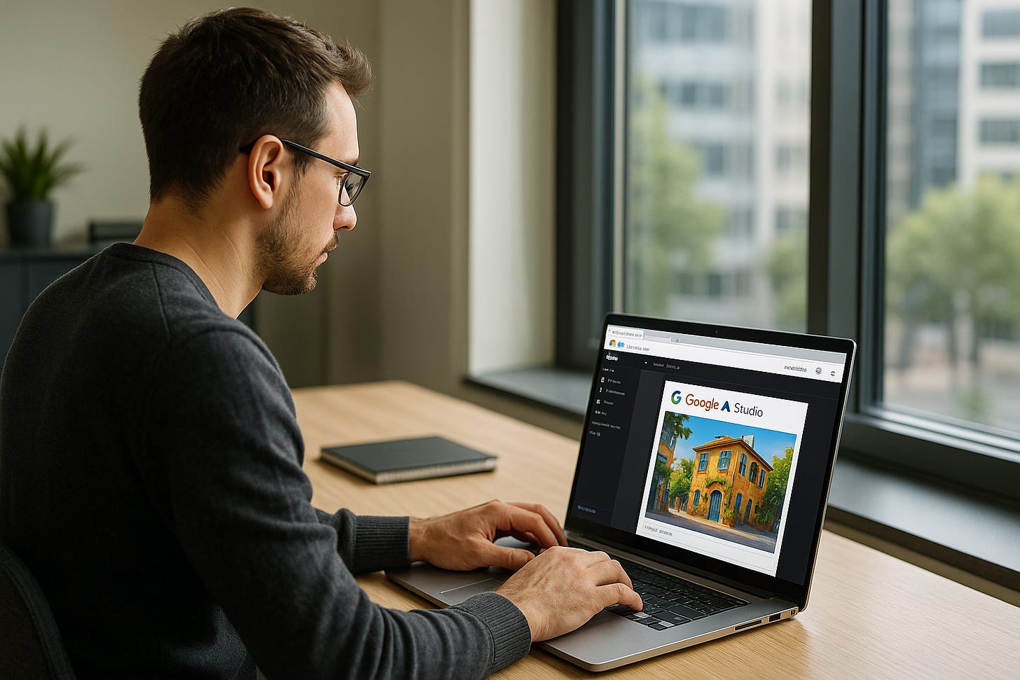 dezvoltator în birou modern lucrând în Google AI Studio la generarea unei imagini