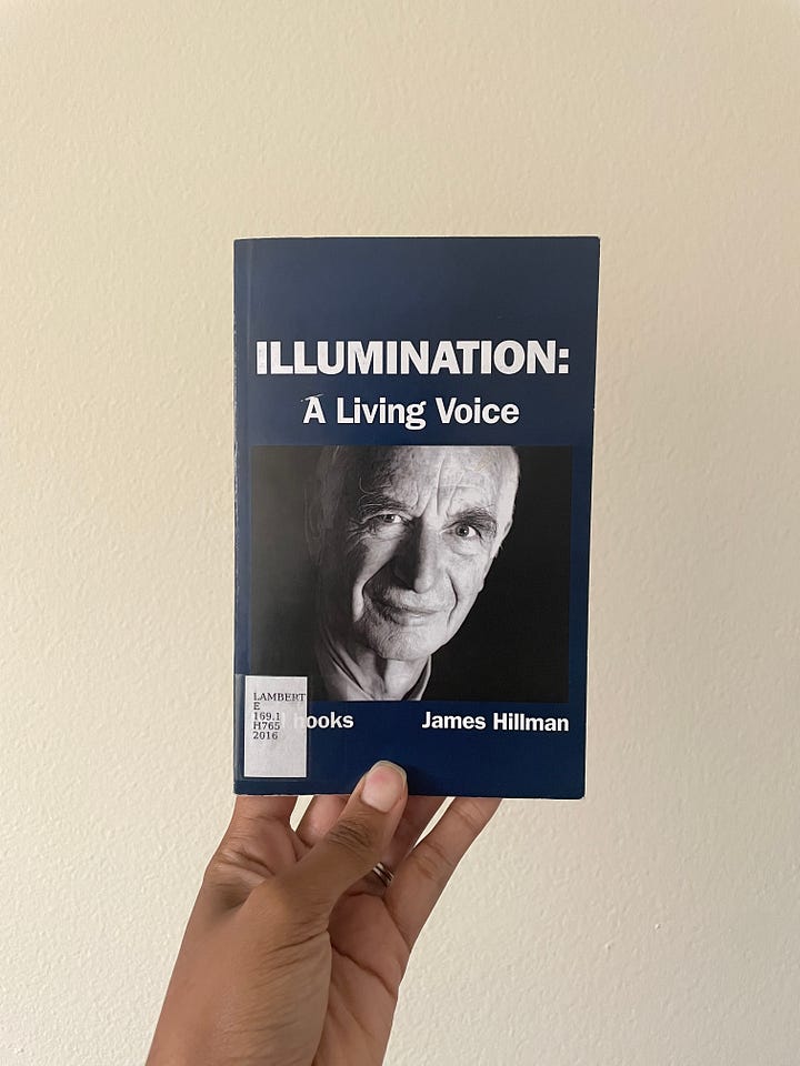 The left image is the front cover of Illumination: A Living Voice by bell hooks and James Hillman. The cover is blue with a grayscale image of James Hillman, the same man from the previous gallery. The right image is a picture of the book's due slip showing its first checkout date was March 24, 2024 and it's second was August 112. 2024.