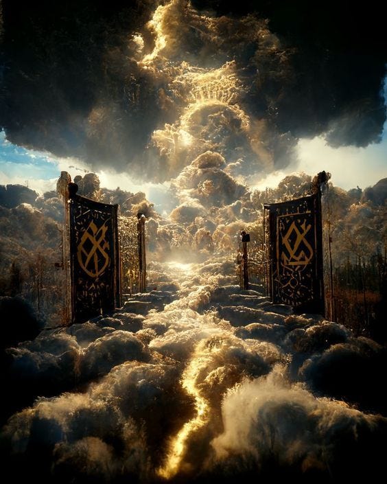 This may contain: two gates open in the middle of a cloud filled sky with sun shining through them