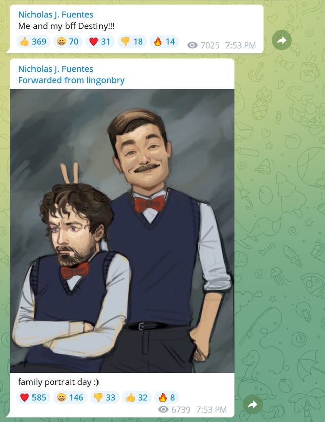 r/Destiny - Nick Fuentes posts fanart of him and Destiny in a family portrait.