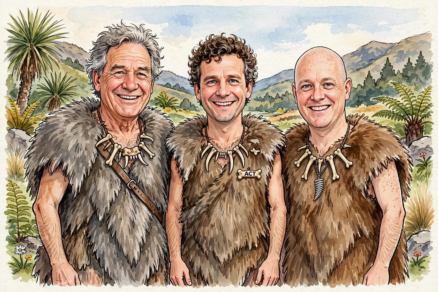 Winston Peters, David Seymour, and Christopher Luxon as cavemen.