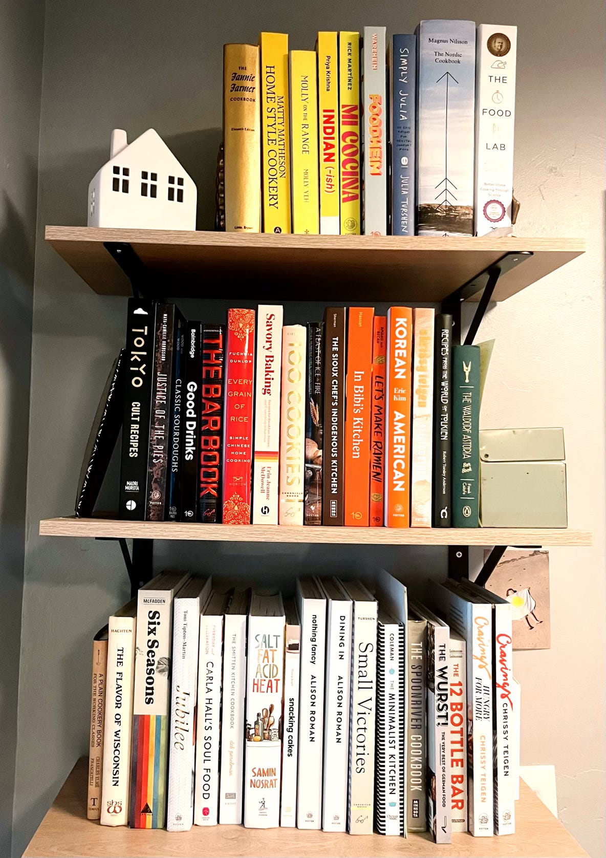 three shelves with cookbooks arranged by color